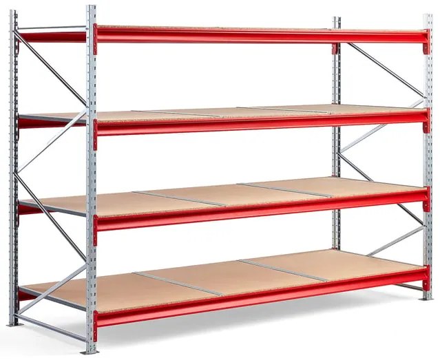 Skladový regál TOUGH, základná sekcia, 2000x2800x1000 mm, 4 drevené police
