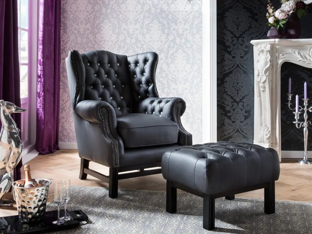 furniture-nabytek.cz - Masívny taburet Chesterfield Kingsfield z pravej kože, čierny – 61×46×43 cm