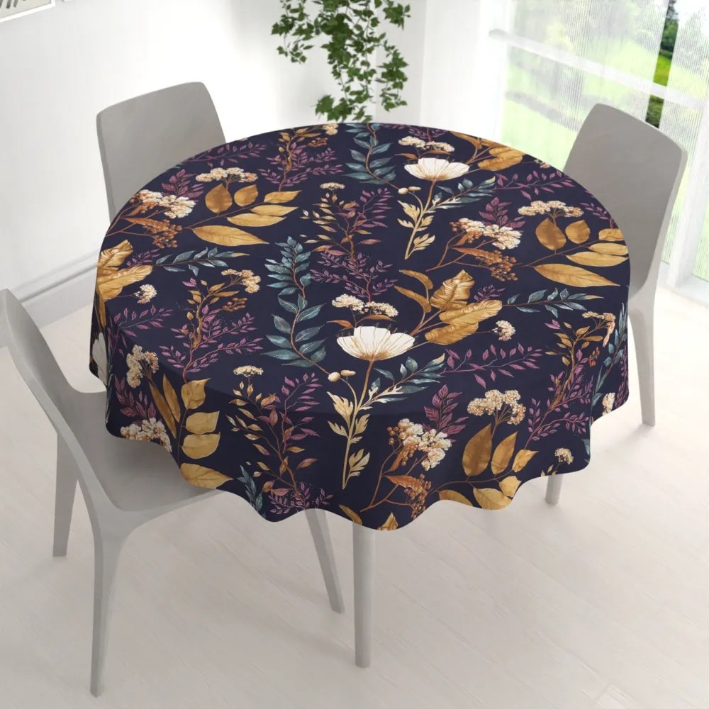 Biante Bavlnený okrúhly obrus Sandra SA-591 Jesenné vetvičky na tmavo modrom Ø 90 cm