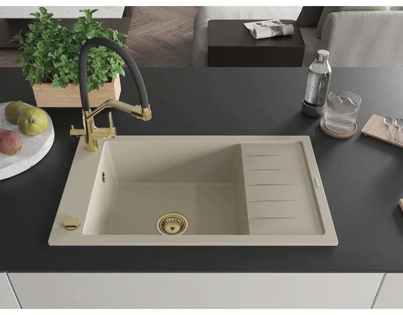 Mexen Elias, 1-komorový granitový drez 795x480x200 mm a drezová batéria Duo, béžová, 6511-69-671701-57-G
