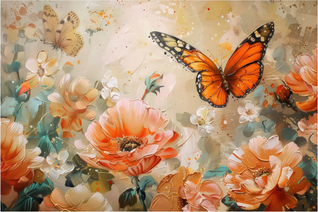 Obraz - Motýľ a kvety, olejomaľba (90x60 cm)