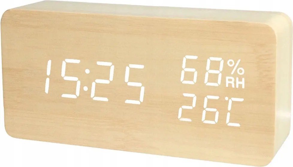 Elektronický budík s teplomerom a vlhkomerom VERK - USB - drevený dekor