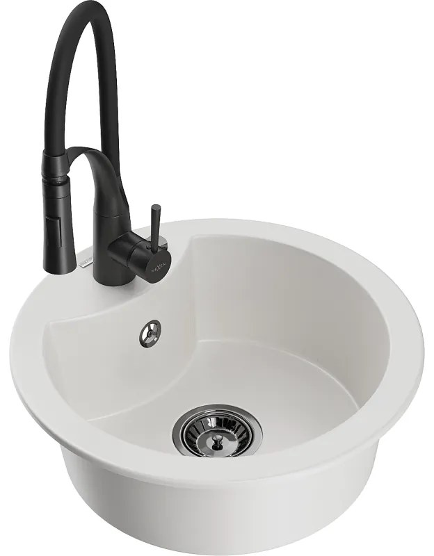 Mexen Diego, 1-komorový granitový drez 488x488x167 mm a drezová batéria Aster, biela, 6512-20-73450-70-B