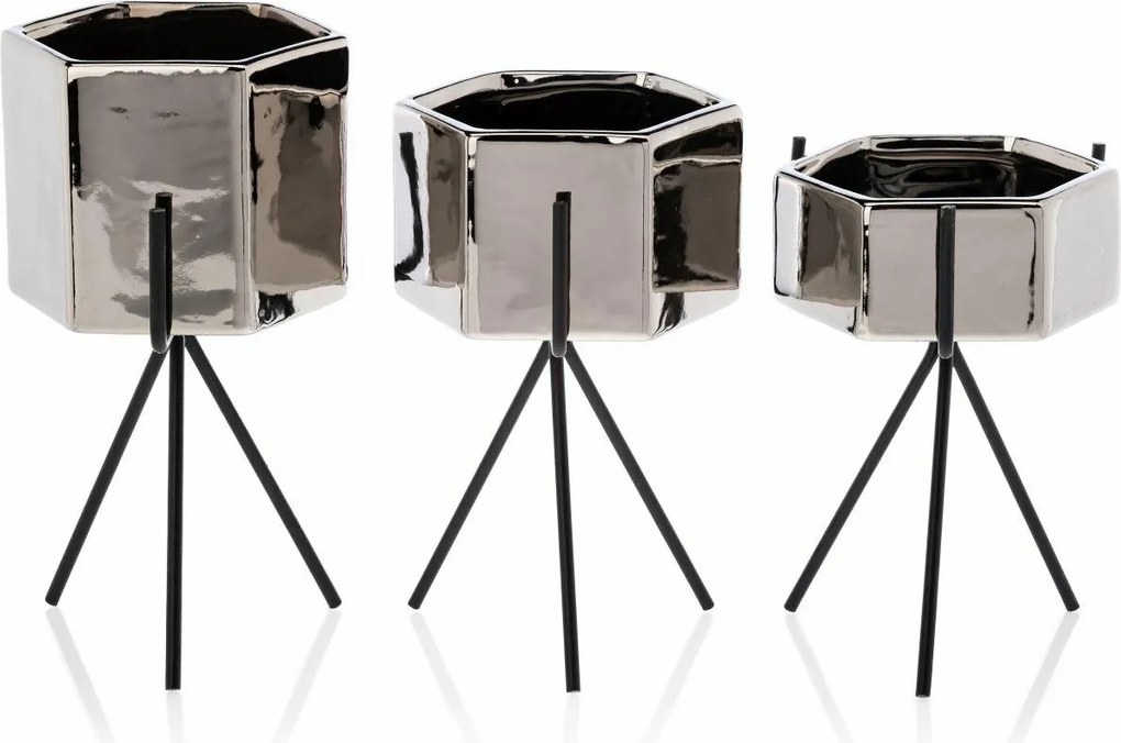 KERAMICKÝ KVETINÁČ SO STOJANOM SASHI SADA 3KS 20X9,5 CM+18X10 CM+16X9,5 CM STRIEBORNÁ