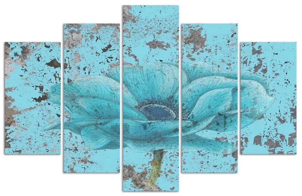 Obraz na plátně pětidílný Modrá vintage květina - 100x70 cm