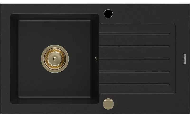Mexen Pablo granitový jednokomorový drez s odkvapkávačom 752 x 436 mm, Čierna, Sifón Zlatá - 6510751010-77-G