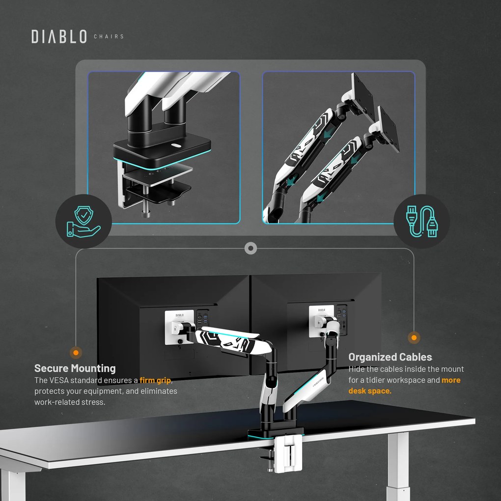 Držiak na dva monitory 35" RGB, bielo-čierny: Diablo X-Arm Dual