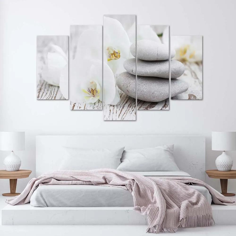 Gario Obraz na plátne Biela zenová orchidea a kamene - 5 dielny Rozmery: 100 x 70 cm