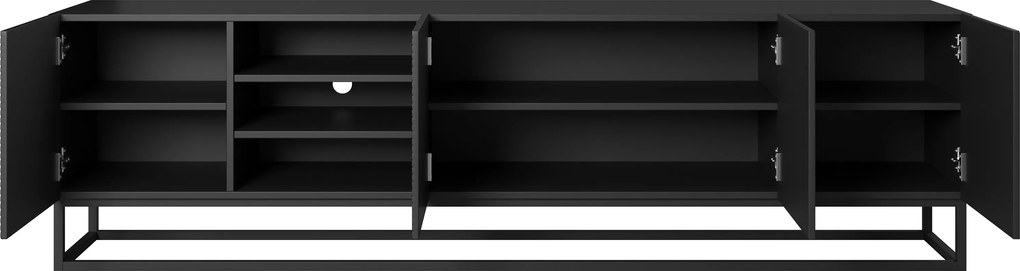 TV skrinka Asha 200 cm s otvorenými policami na podstavci - čierny mat