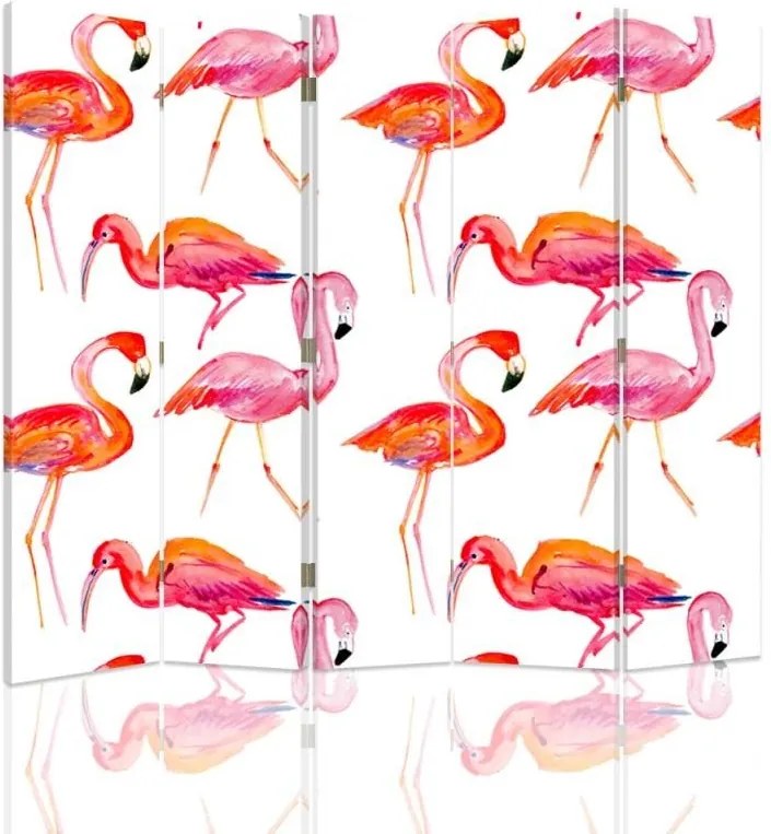 CARO Paraván - Flamingos | päťdielny | jednostranný 180x150 cm