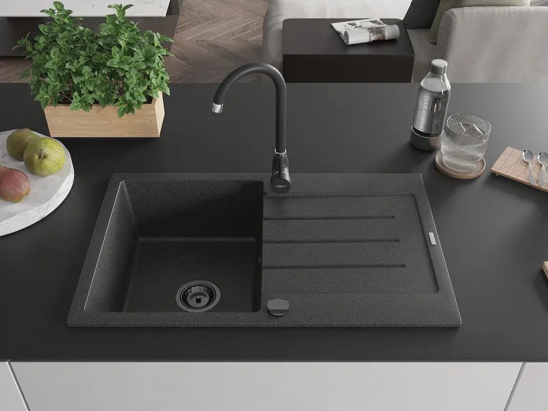 Mexen Bruno, granitový drez 795x495x200 mm, 1-komorový, čierna škvrnitá s čiernym sifónom, 6513791010-76-B