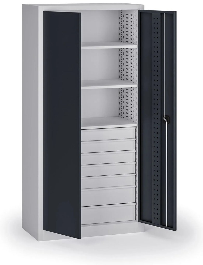Policová dielenská skriňa 2-dverová, 3 police + 7 zásuviek, 1950 × 950 × 500 mm, grafitové dvere