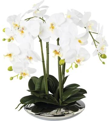 Umelá kvetina orchidea phalaenopsis 4 výhony v keramickej striebornej miske 41 cm biela