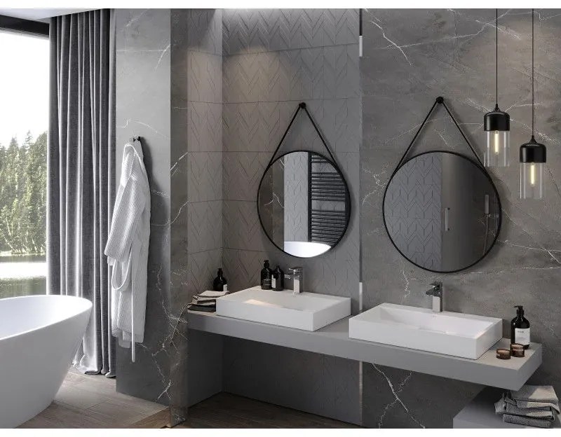 Mexen String, okrúhle kúpeľňové zrkadlo na pásiku 70 cm, farba rámu čierna matná, 9854-070-070-000-70