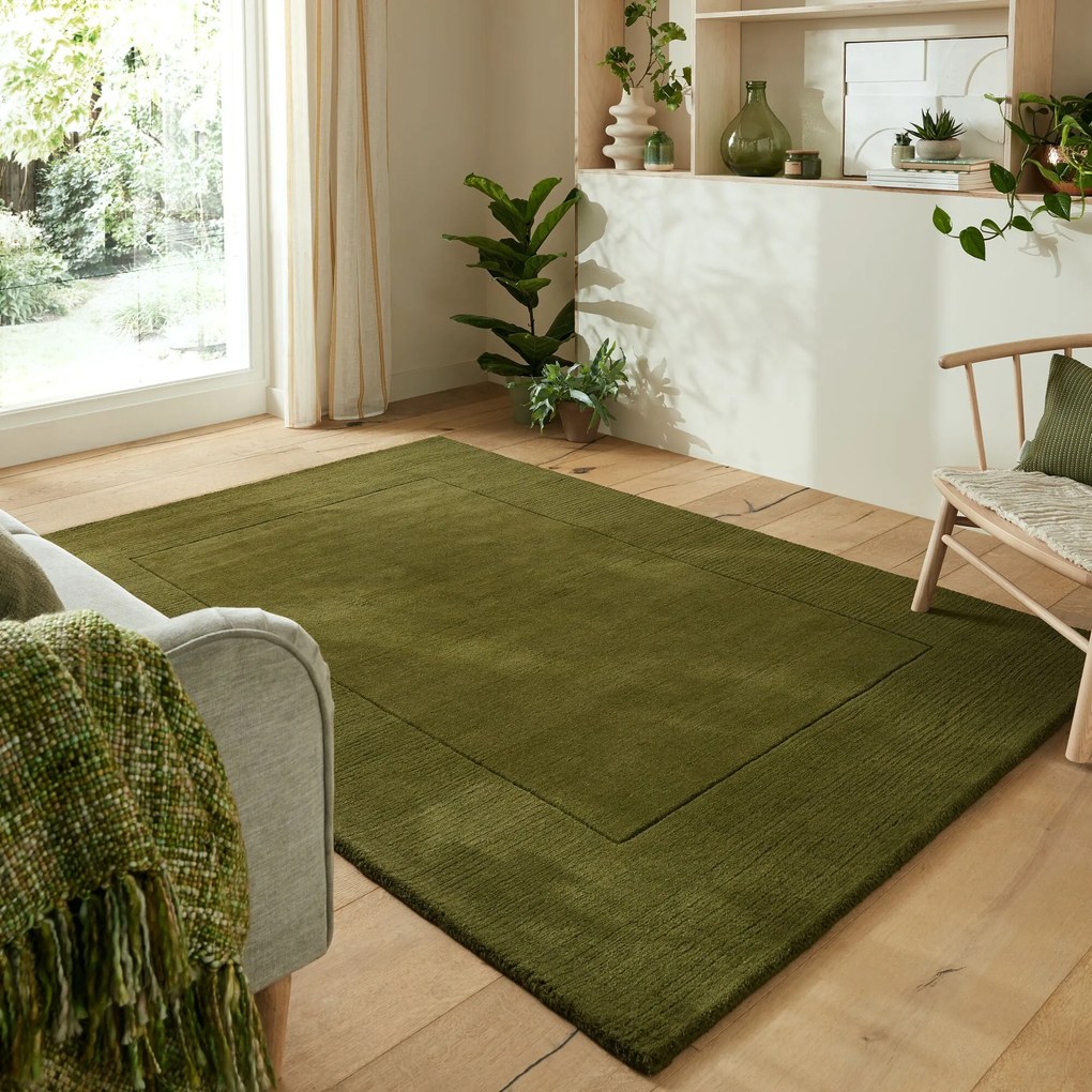 Kusový ručne tkaný koberec Tuscany Textured Wool Border Green, 200x290, zelená, obývacia izba, Flair Rugs