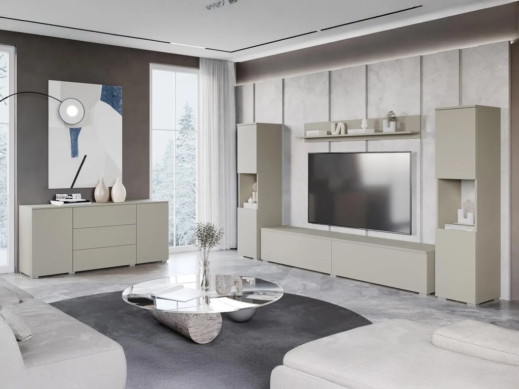 Obývačkový nábytok Bamisio II, Farby: wotan / biely lesk, Osvetlenie: osvetlenie LED biele
