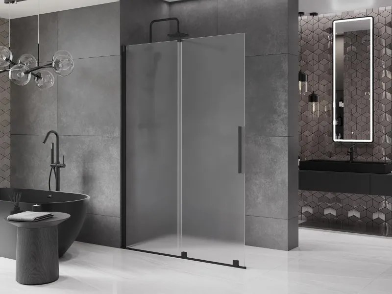 Mexen Velar, sprchová zástena s posuvnými dverami Walk-in 160 x 200 cm, 8mm sklo námraza, čierna matná, 871-160-000-33-70