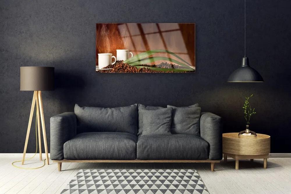Obraz na skle Šálky káva zrnká kuchyňa 125x50 cm