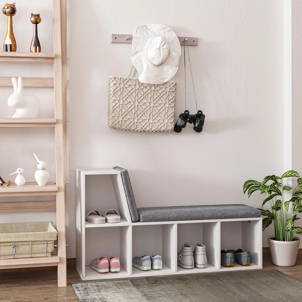 HOMCOM 2 v 1 úložná lavička s 5 priehradkami a 2 vankúšmi, knihovna 108 x 30 x 60 cm biela šedá | Aosom