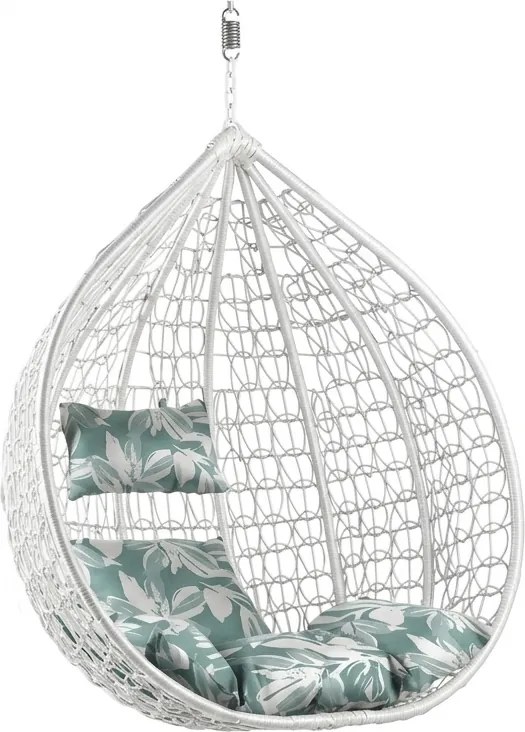 Biele závesné kreslo KOKON bez stojanu, zeleno-biely vankúš