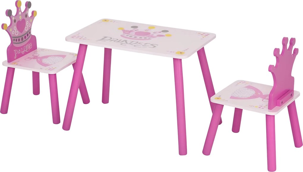 Súprava detského dreveného stolíka a 2 stoličiek HOMCOM, stôl 55x34x42 cm, stoličky 28x26x50 cm pre deti vo veku 2-4 rokov, ružová | Aosom
