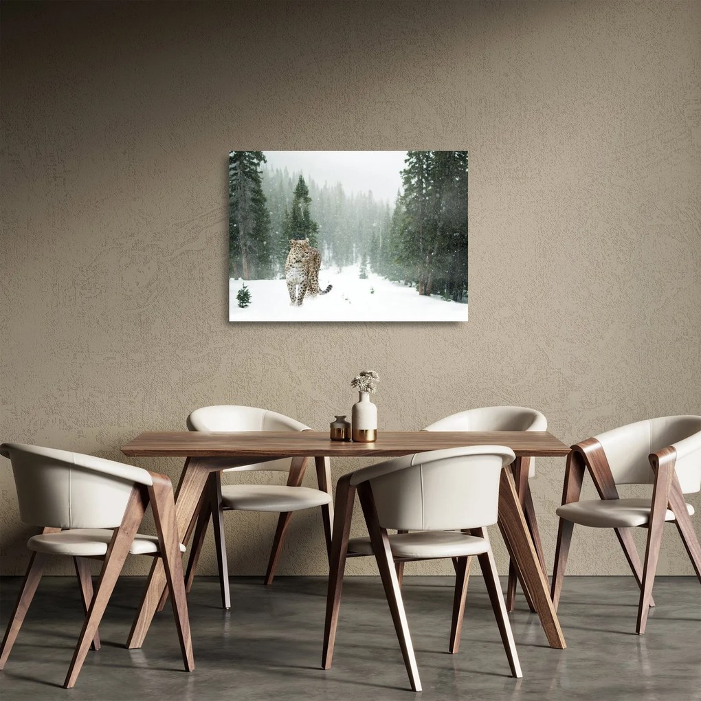 Sklenený obraz leoparda v snehu (70x50 cm)