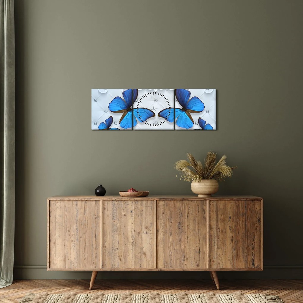 Obraz - Modré motýle (s hodinami) (90x30 cm)
