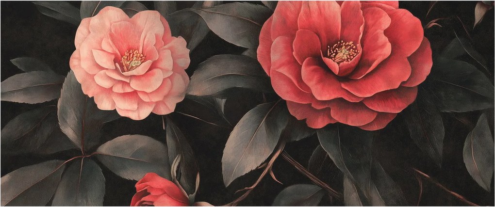 Obraz - Červené kvety na tmavom pozadí (120x50 cm)