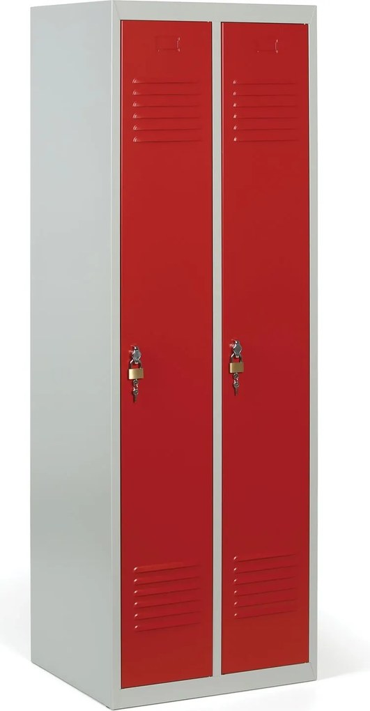 Kovová šatníková skrinka S2, 2-dverová, 1800 x 600 x 500 mm, otočný zámok, červené dvere