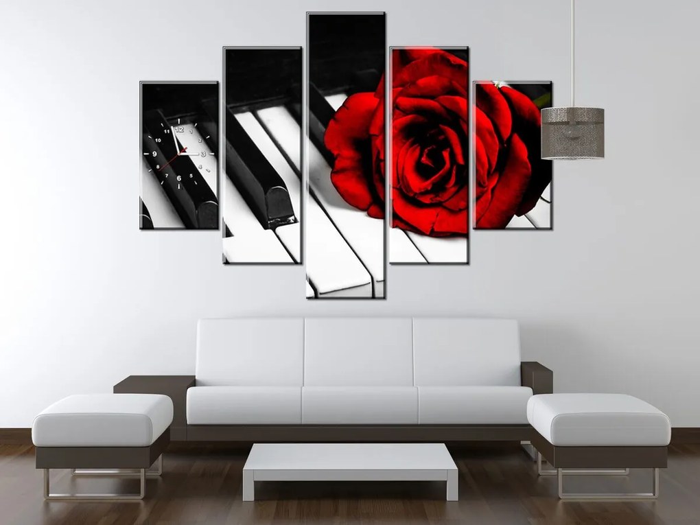 Gario Obraz s hodinami Ruža na klavíri - 5 dielny Rozmery: 150 x 105 cm