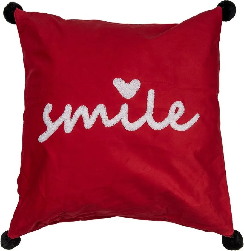 Červená obliečka na vankúš s vyšitým nápisom Smile - 45*45 cm