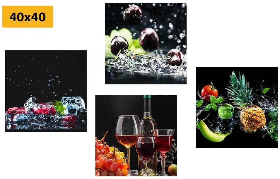 Set obrazov víno a kúsky ovocia na čiernom pozadí - 4x 40x40