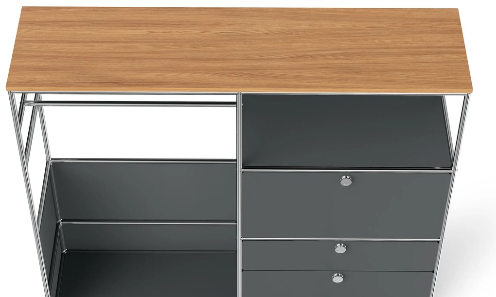 Kovová komoda »CN3« s drevenou doskou, 1 tyčou na oblečenie, 1 priehradkou a 3 zásuvkami, sivá