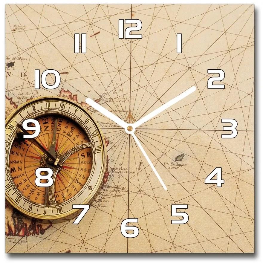 Sklenené nástenné hodiny štvorec Kompas na mape pl_zsk_30x30_f_122551026