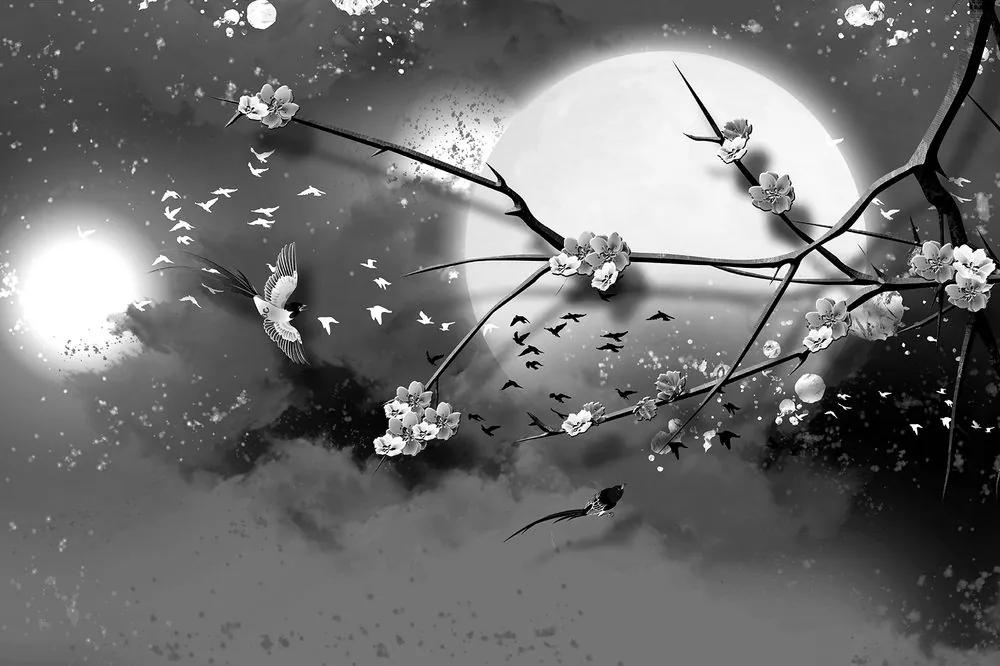 Tapeta čiernobiela kresba konára s kvetmi pri splne mesiaca