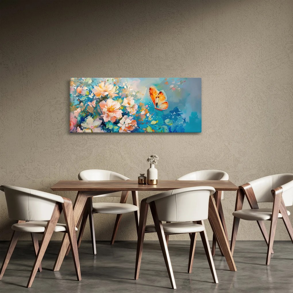 Obraz - Motýľ a kvety, olejomaľba II. (120x50 cm)
