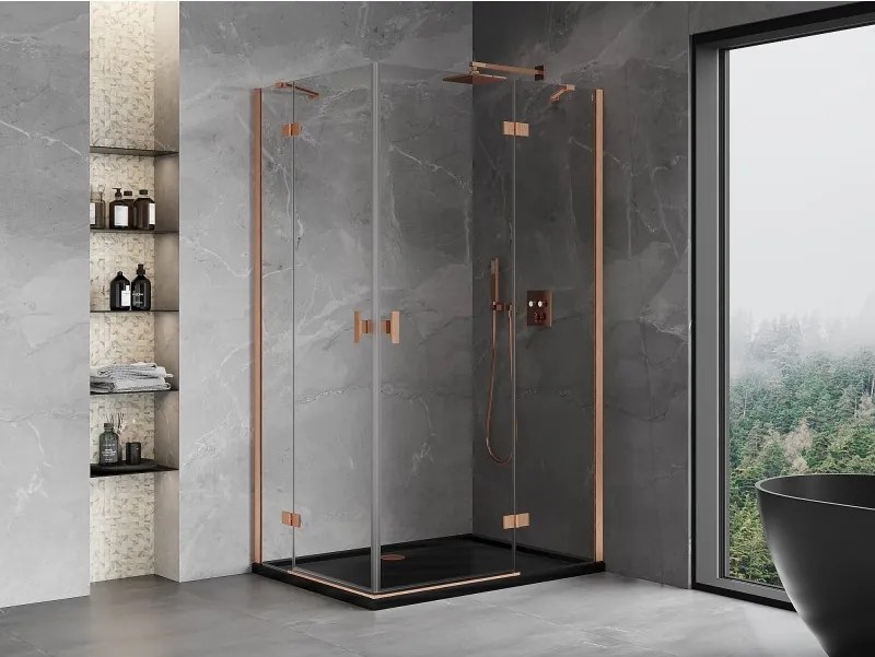 Mexen Mist-H Duo, 2-krídlový výklopný sprchový kút 110 x 115 cm, číre sklo, medený matný profil, 8A5-110L-115P-65-00