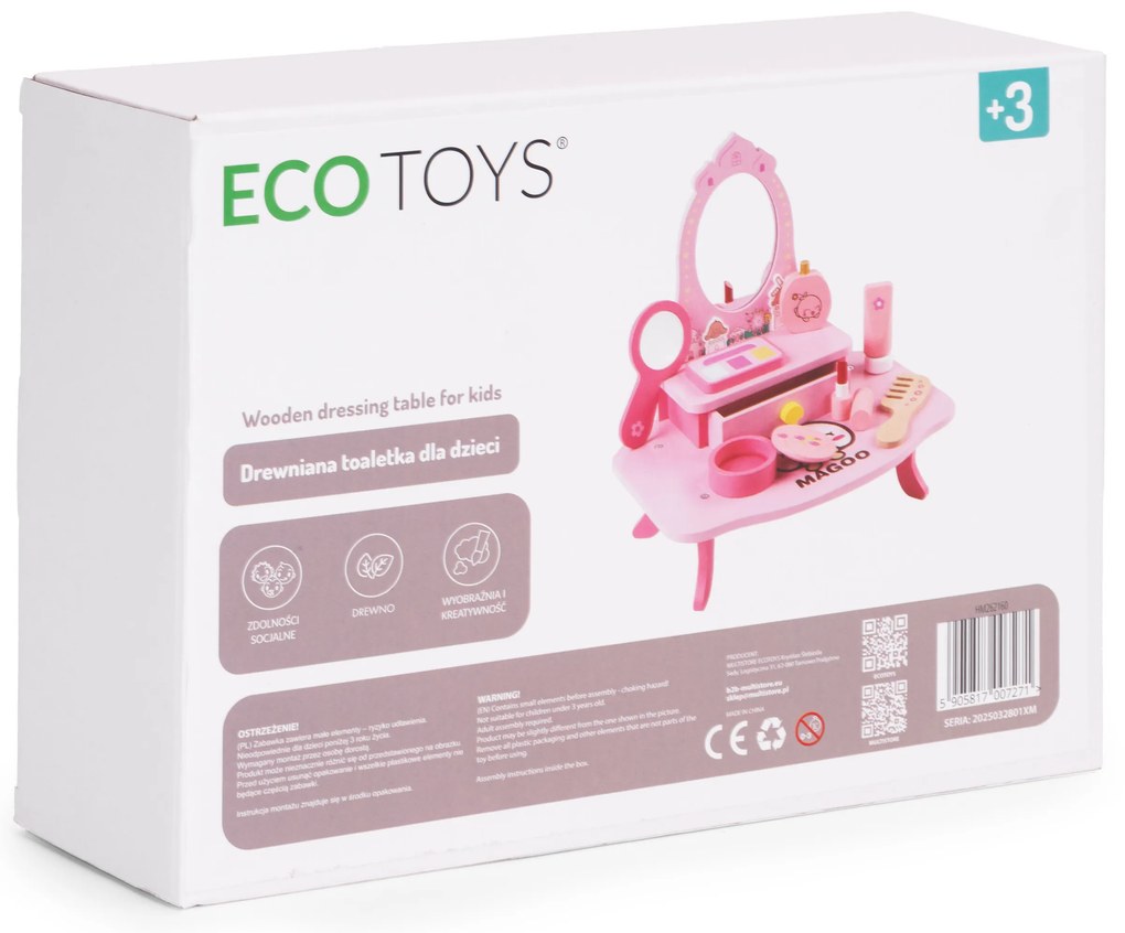 ECOTOYS Drevená toaletka pre dievčatá so zrkadlom a 7 doplnkami