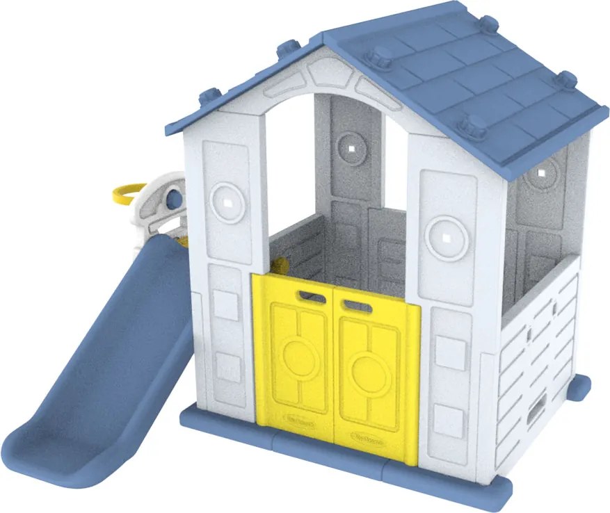 Ramiz Detský záhradný domček 3 v 1 Modrá strecha + šmýkačka + basketbalový kôš