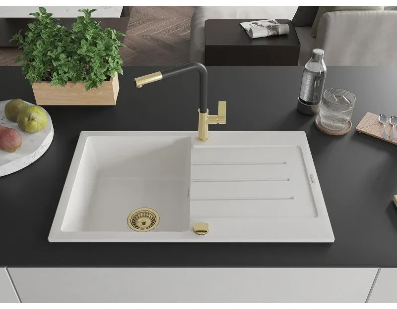 Mexen Bruno, 1-komorový granitový drez 795x495x200 mm a drezová batéria Flora, biela, 6513-20-670401-57-G