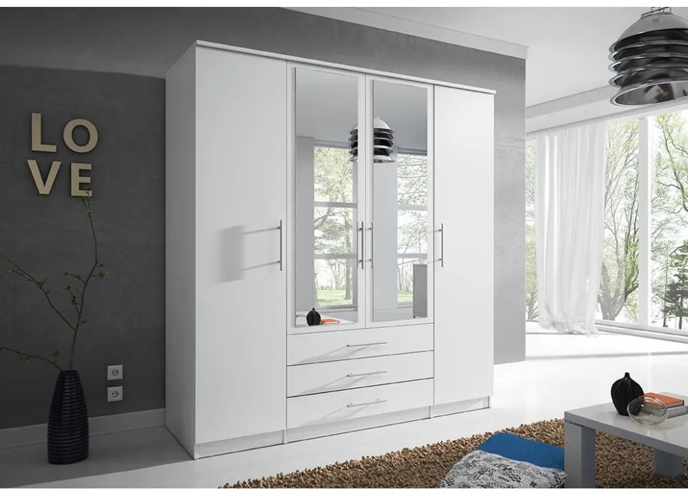 Šatníková skriňa Svalga 4D (biela). Akcia -20%. Vlastná spoľahlivá doprava až k Vám domov. 1014282