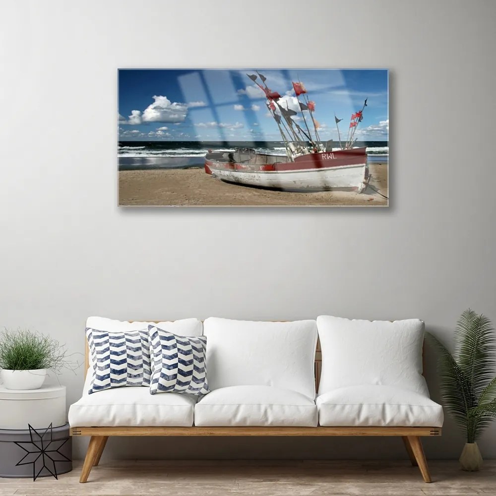 Obraz na akrylátovom skle More pláž loďka krajina 100x50 cm