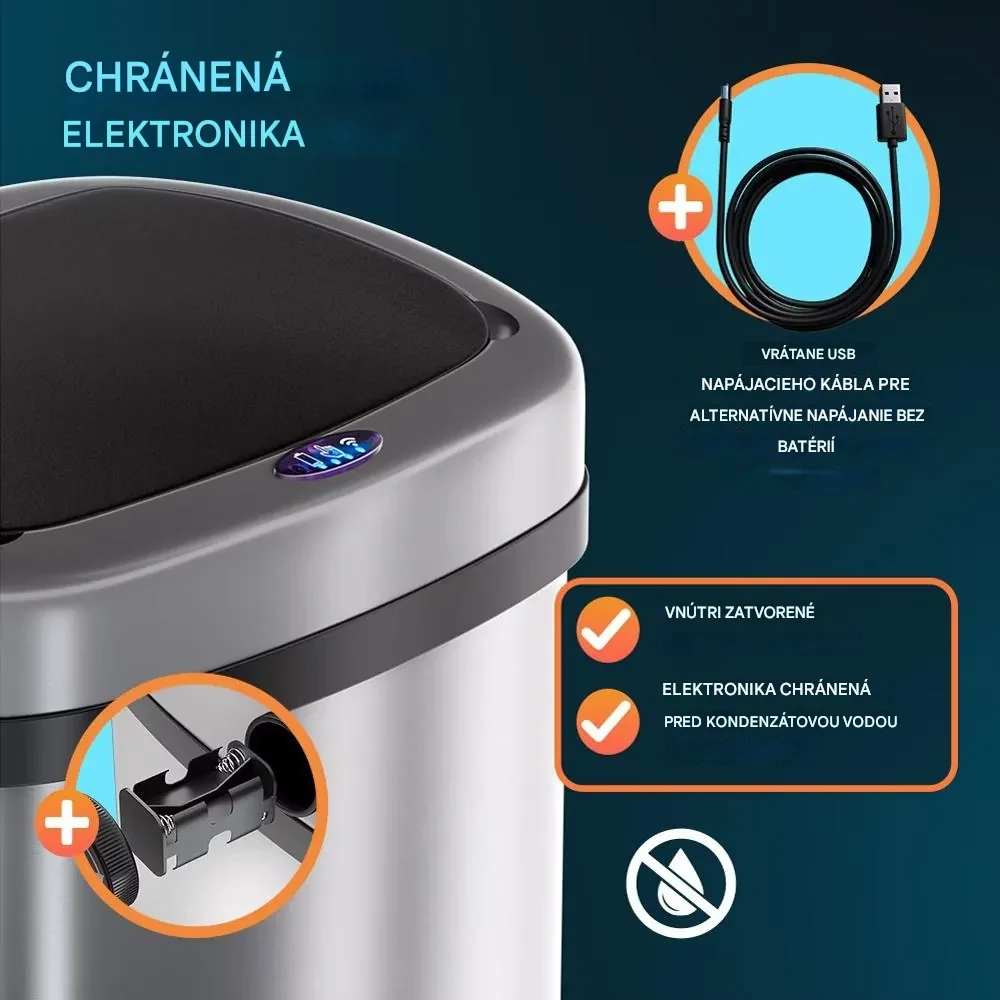 InternetovaZahrada Bezdotykový hranatý odpadkový kôš s USB 58 L - strieborný