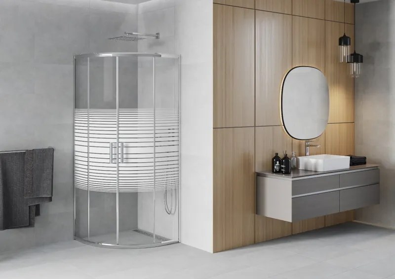 Mexen Rio, štvrťkruhový sprchovací kút s posuvnými dverami 70(dvere) x 70(dvere) x 190 cm, 6mm číre sklo s pásikmi, chrómový profil, 863-070-070-01-20