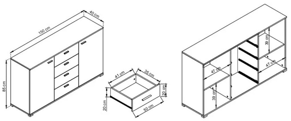 Komoda 150, 150/85/40, biela farba