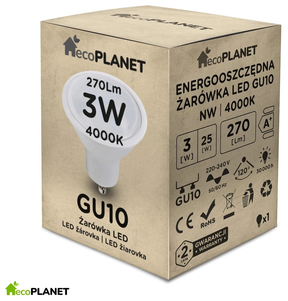 ecoPLANET LED žiarovka GU10 - 3W - neutrálna biela