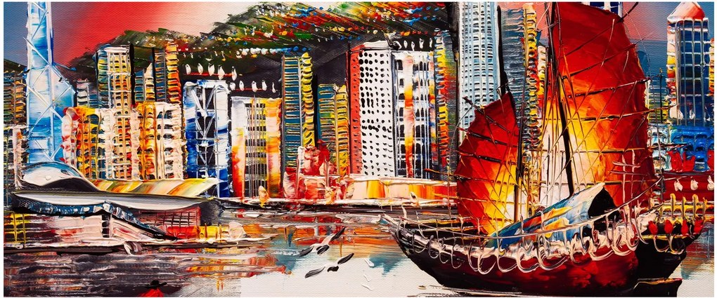 Obrázok - Victoria Harbor, Hong Kong, olejomaľba (120x50 cm)