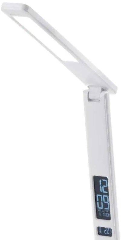 ST LED stolná lampa, bezdrôtové nabíjanie, voľba intenzity svetla, s displejom, hodiny, budík, teplomer, 4 W, biela