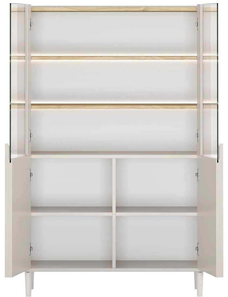 Vitrína Amilio 100 cm dvojdverová na nožičkách - kašmír / olejovaný dub / úchyty kašmír