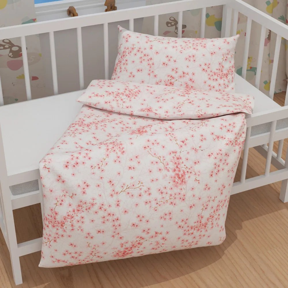 Biante Detské bavlnené posteľné obliečky do postieľky Sandra SA-633 Ružové čerešňové kvety na bielom Do postieľky 90x140 a 40x60 cm